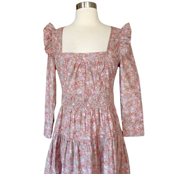 LOVESHACKFANCY Lyna Maxi Dress Tan Garden Cotton Ruffle Floral Pink S 4-6 Sample - Picture 4 of 14
